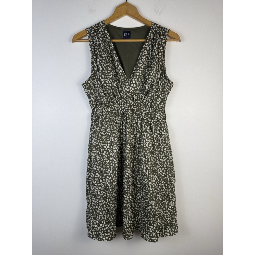 GAP Olive Green Floral Lined Midi Dress Size Small Cottagecore Boho Garden - Picture 2 of 11